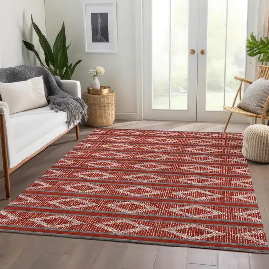 Red And Ivory Geometric Washable Area Rug With UV Protection Photo 4