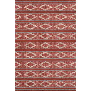Photo of Red And Ivory Geometric Washable Area Rug With UV Protection