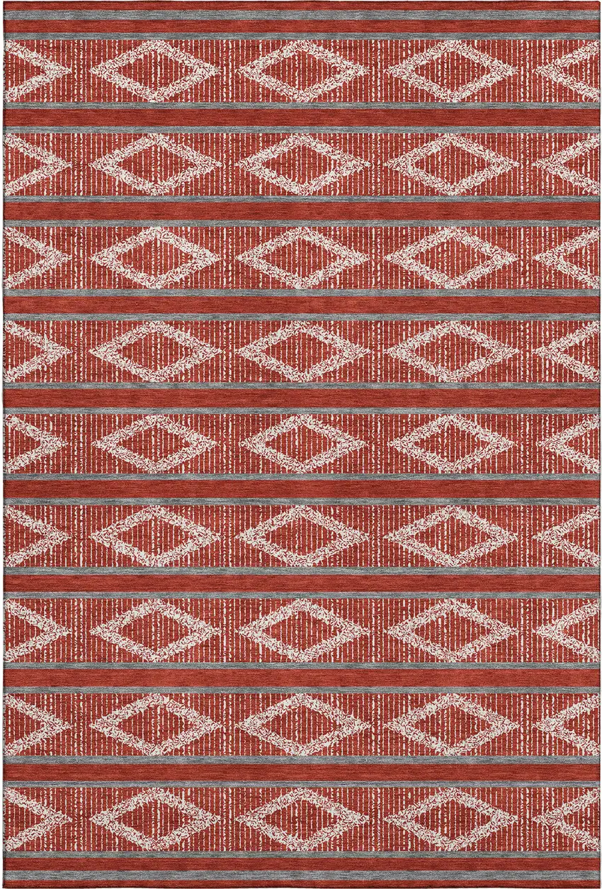 Red And Ivory Geometric Washable Area Rug With UV Protection Photo 1
