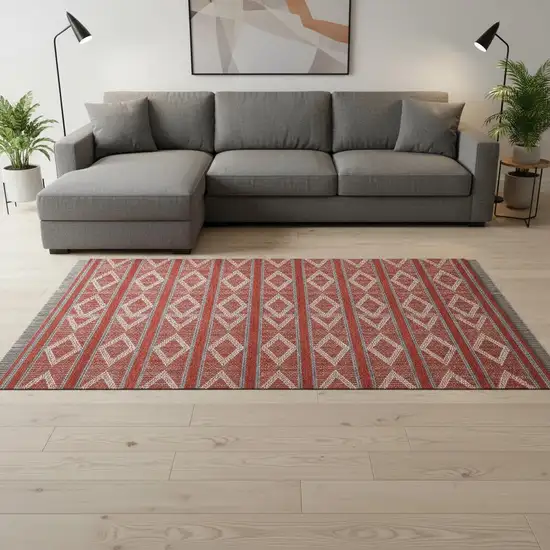 Red And Ivory Geometric Washable Area Rug With UV Protection Photo 2