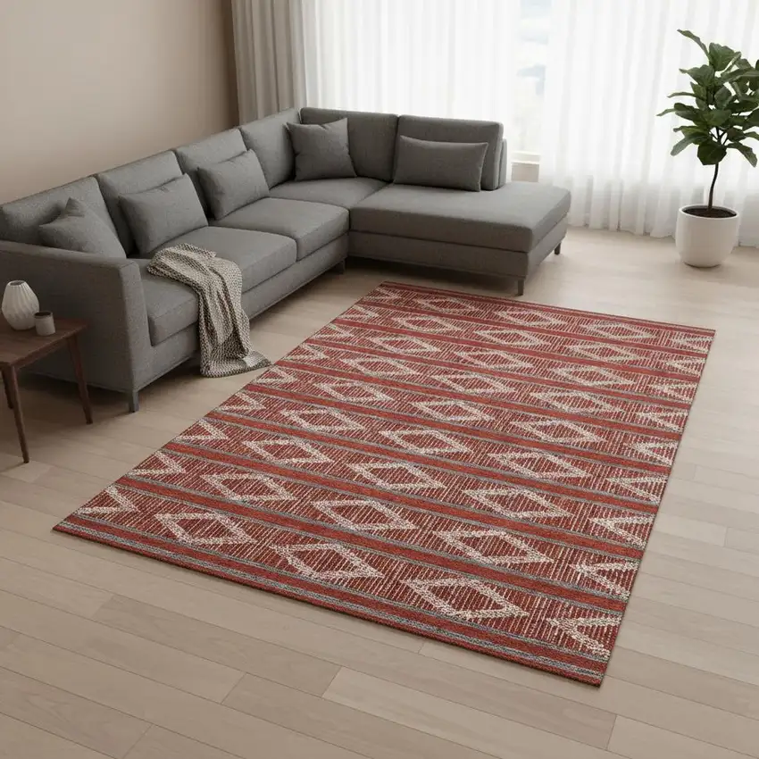 Red And Ivory Geometric Washable Area Rug With UV Protection Photo 2
