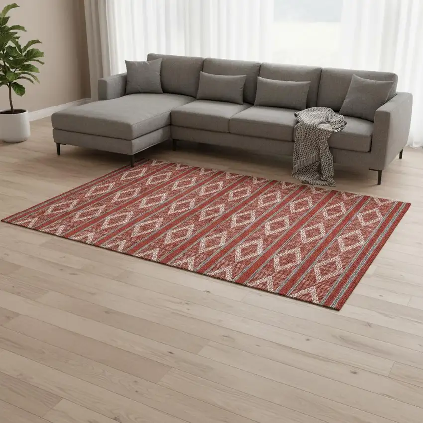 Red And Ivory Geometric Washable Area Rug With UV Protection Photo 2