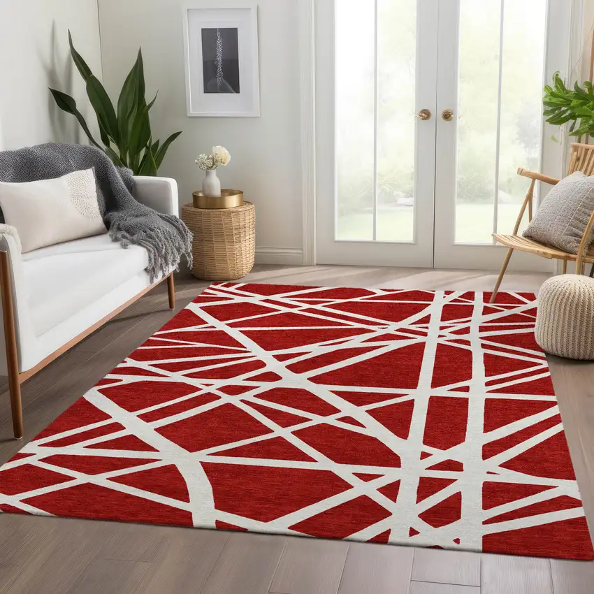 Red And Ivory Geometric Washable Area Rug With UV Protection Photo 3