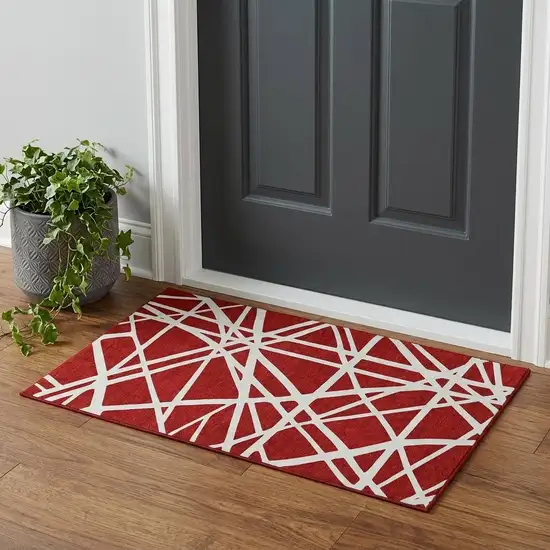 Red And Ivory Geometric Washable Area Rug With UV Protection Photo 1