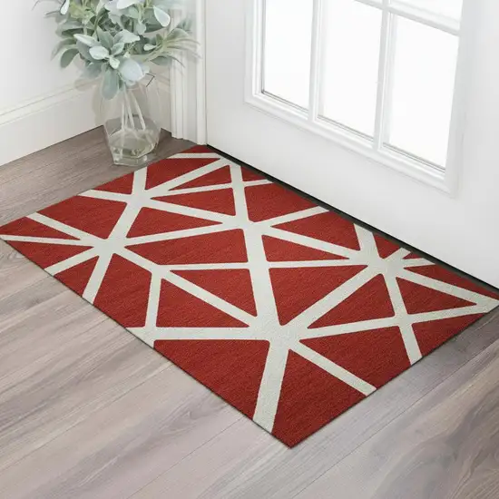 Red And Ivory Geometric Washable Area Rug With UV Protection Photo 2