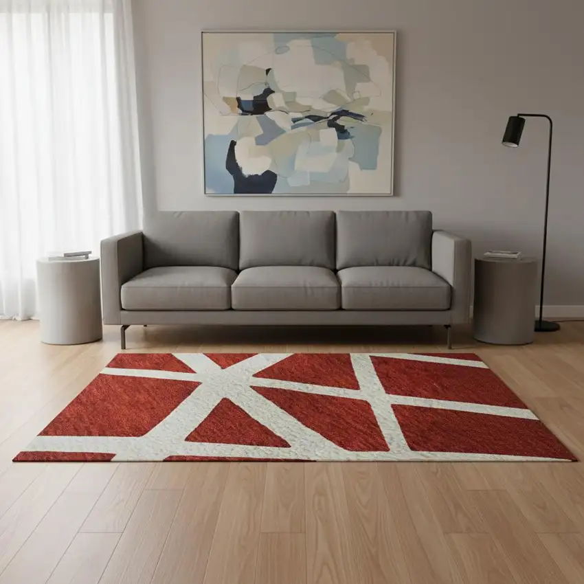 Red And Ivory Geometric Washable Area Rug With UV Protection Photo 2