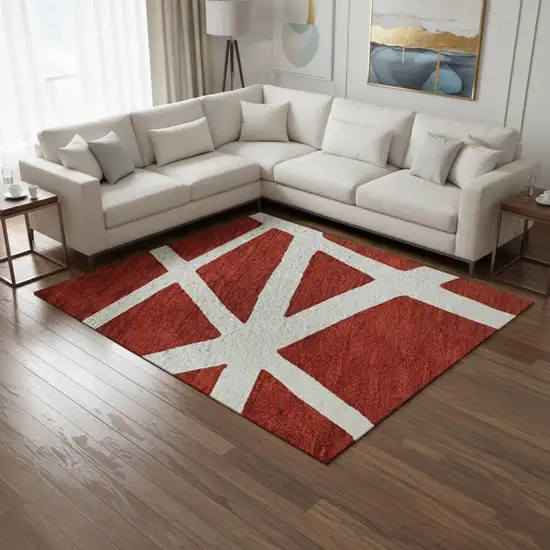 Red And Ivory Geometric Washable Area Rug With UV Protection Photo 2