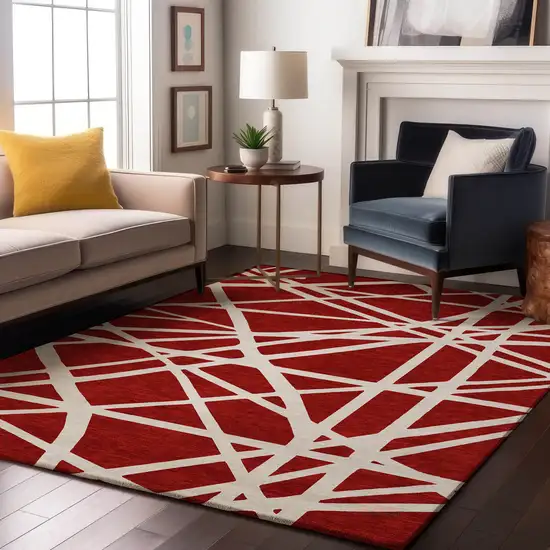 Red And Ivory Geometric Washable Area Rug With UV Protection Photo 3