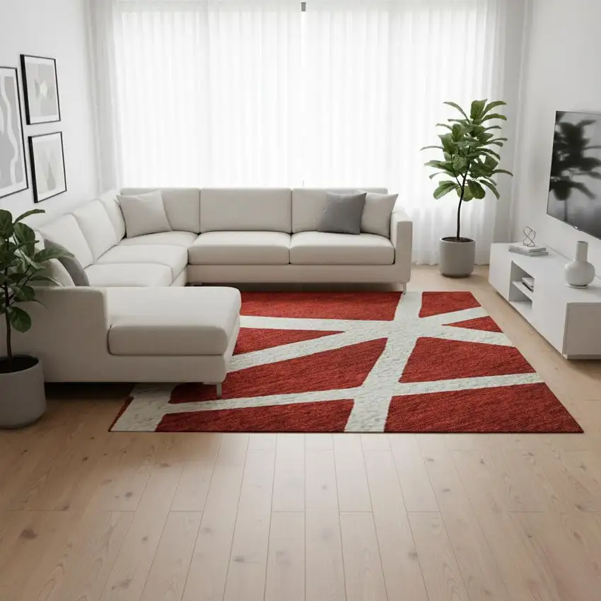 Red And Ivory Geometric Washable Area Rug With UV Protection Photo 2