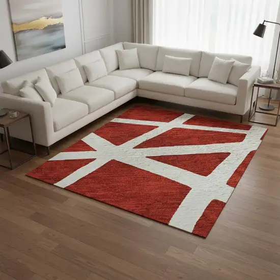 Red And Ivory Geometric Washable Area Rug With UV Protection Photo 2