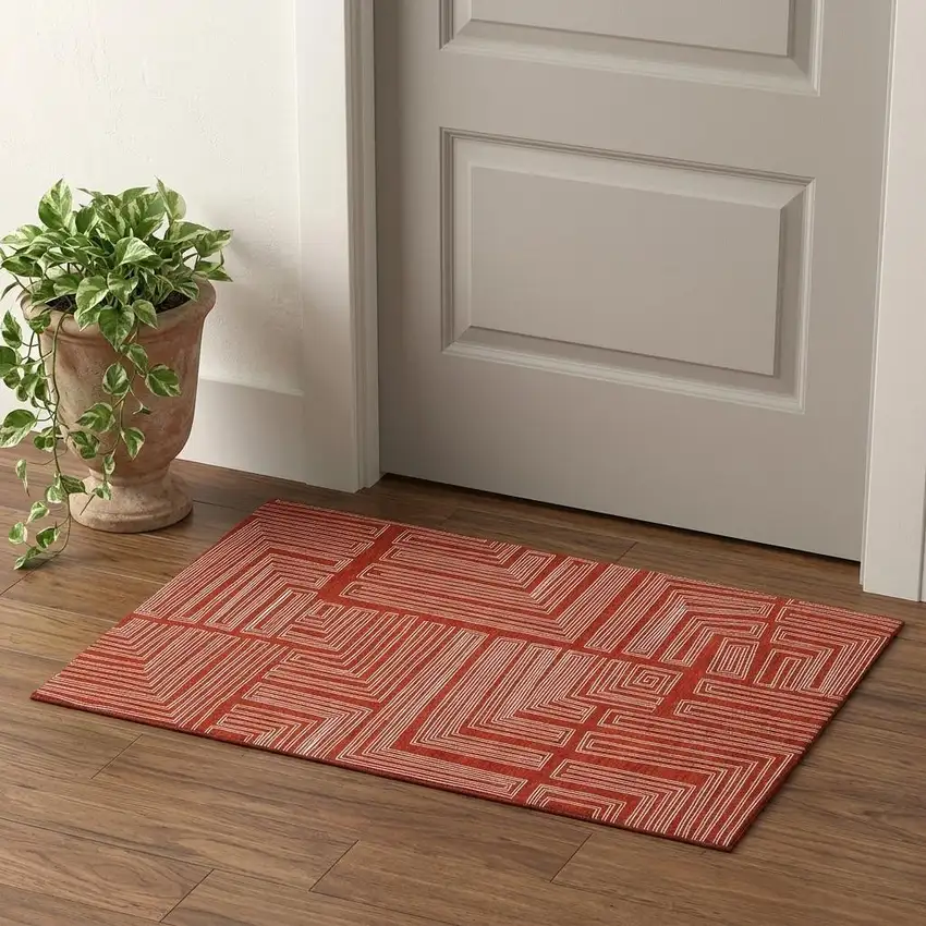 Red And Ivory Geometric Washable Area Rug With UV Protection Photo 1