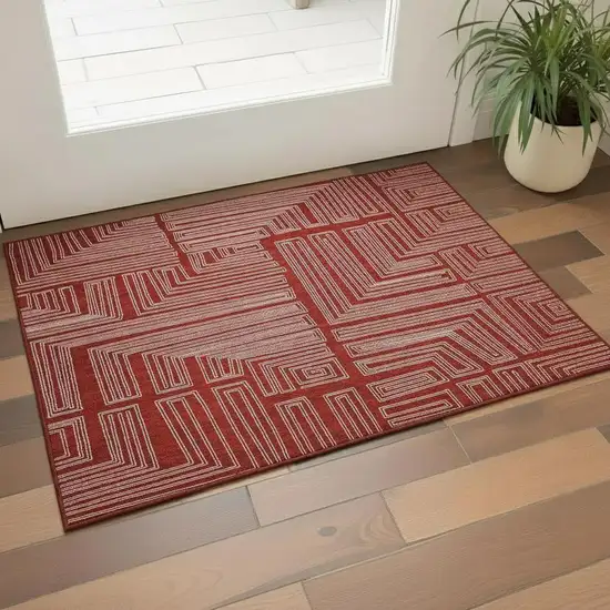 Red And Ivory Geometric Washable Area Rug With UV Protection Photo 2