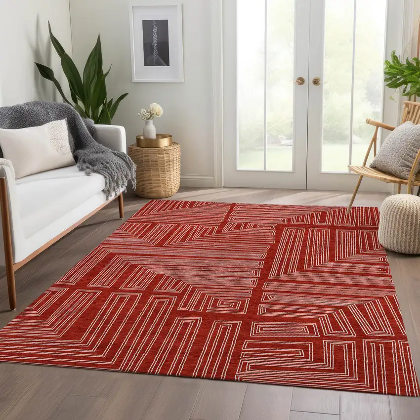 Red And Ivory Geometric Washable Area Rug With UV Protection Photo 5