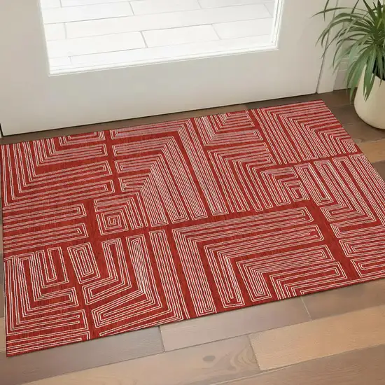 Red And Ivory Geometric Washable Area Rug With UV Protection Photo 1