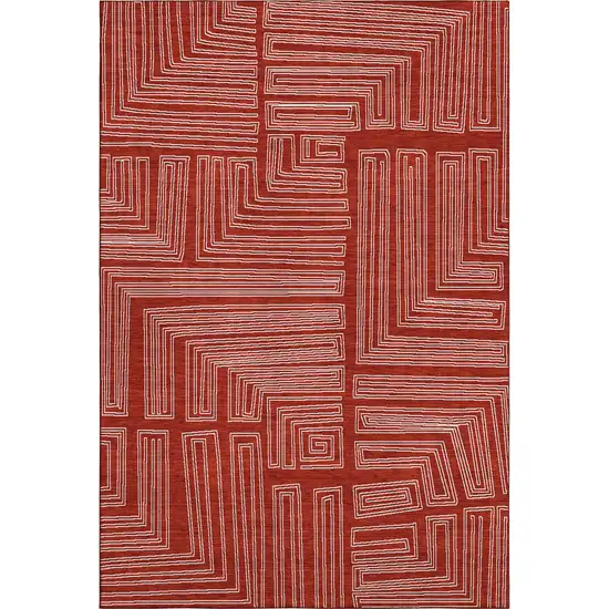 Red And Ivory Geometric Washable Area Rug With UV Protection Photo 1