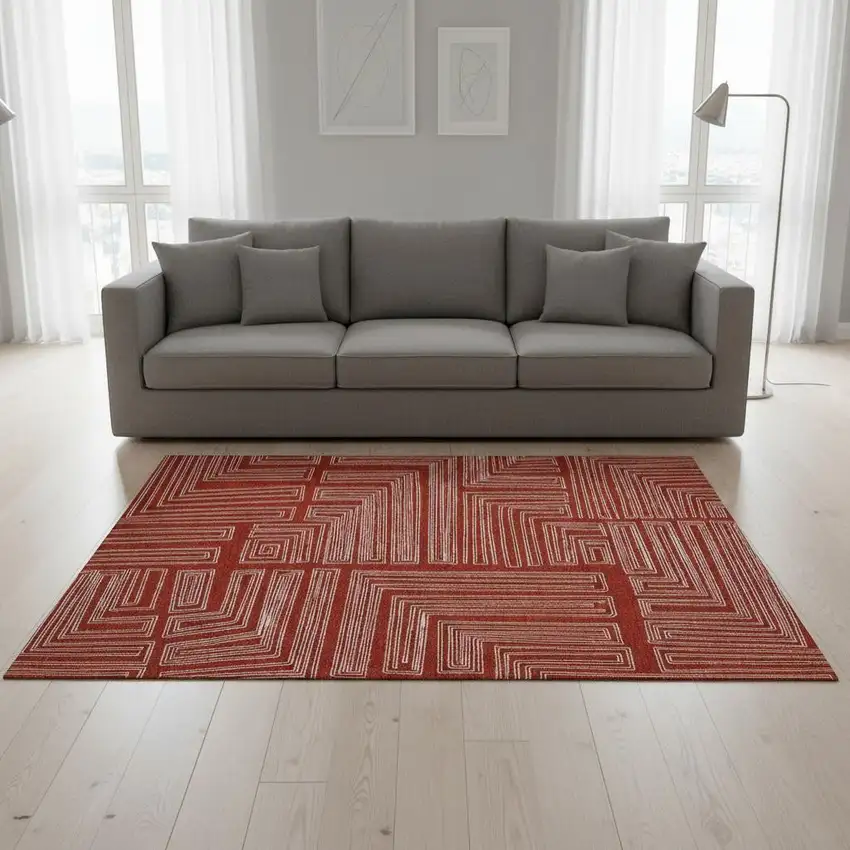 Red And Ivory Geometric Washable Area Rug With UV Protection Photo 2
