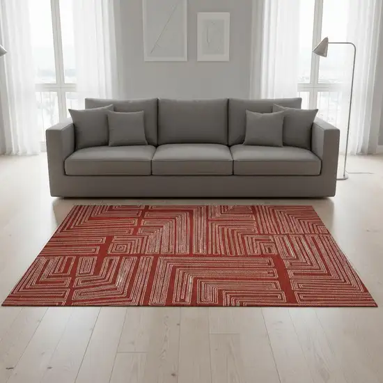 Red And Ivory Geometric Washable Area Rug With UV Protection Photo 2