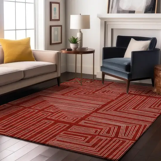 Red And Ivory Geometric Washable Area Rug With UV Protection Photo 4