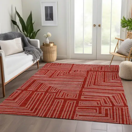 Red And Ivory Geometric Washable Area Rug With UV Protection Photo 5