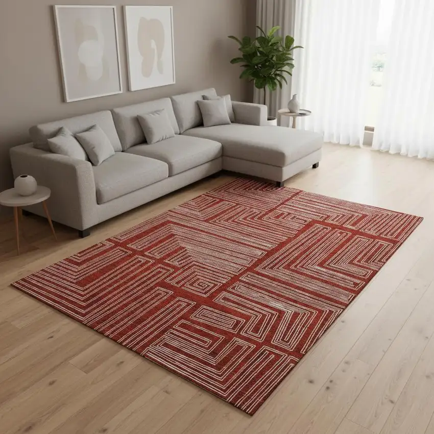 Red And Ivory Geometric Washable Area Rug With UV Protection Photo 2