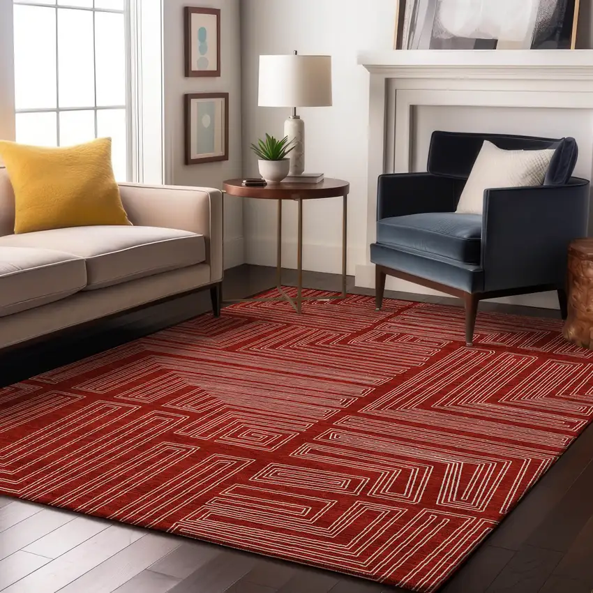 Red And Ivory Geometric Washable Area Rug With UV Protection Photo 4