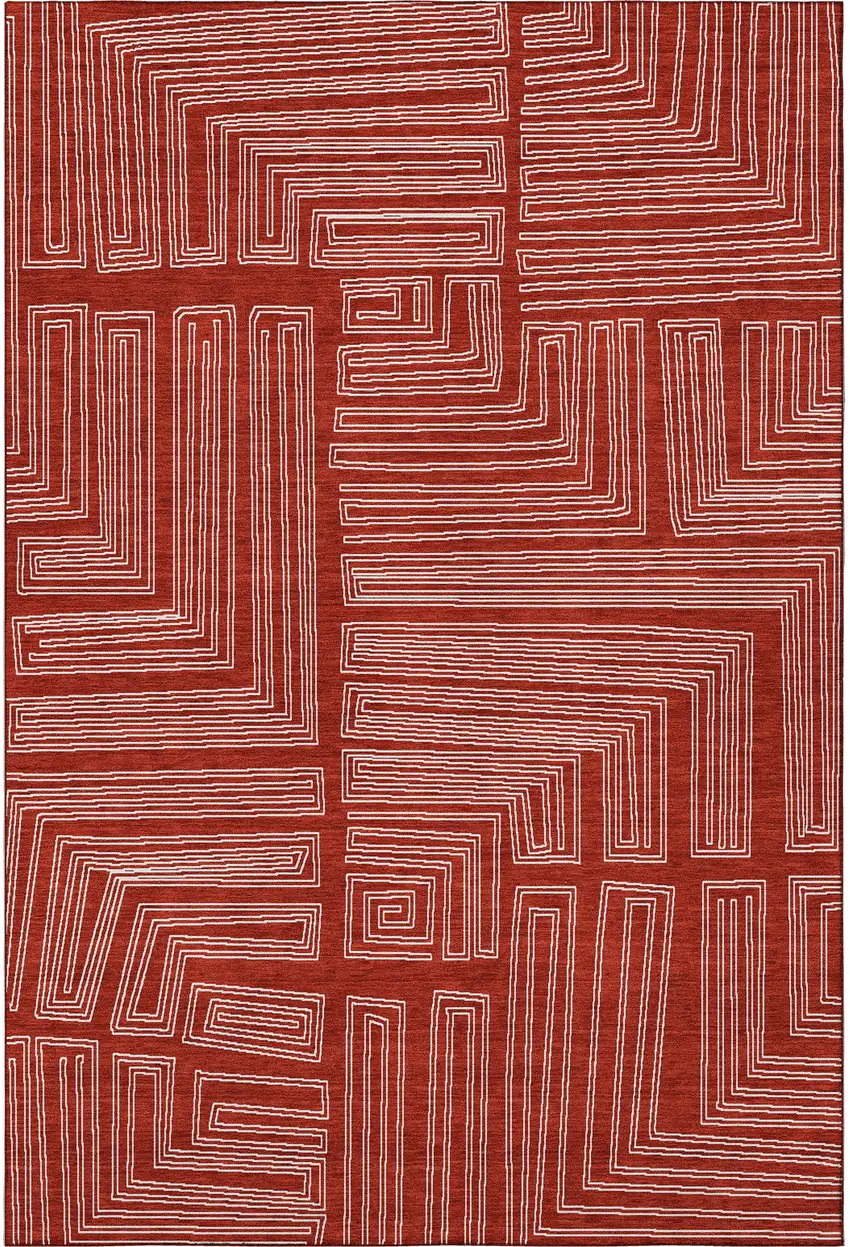 Red And Ivory Geometric Washable Area Rug With UV Protection Photo 3