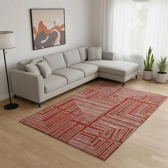 Red And Ivory Geometric Washable Area Rug With UV Protection Photo 2