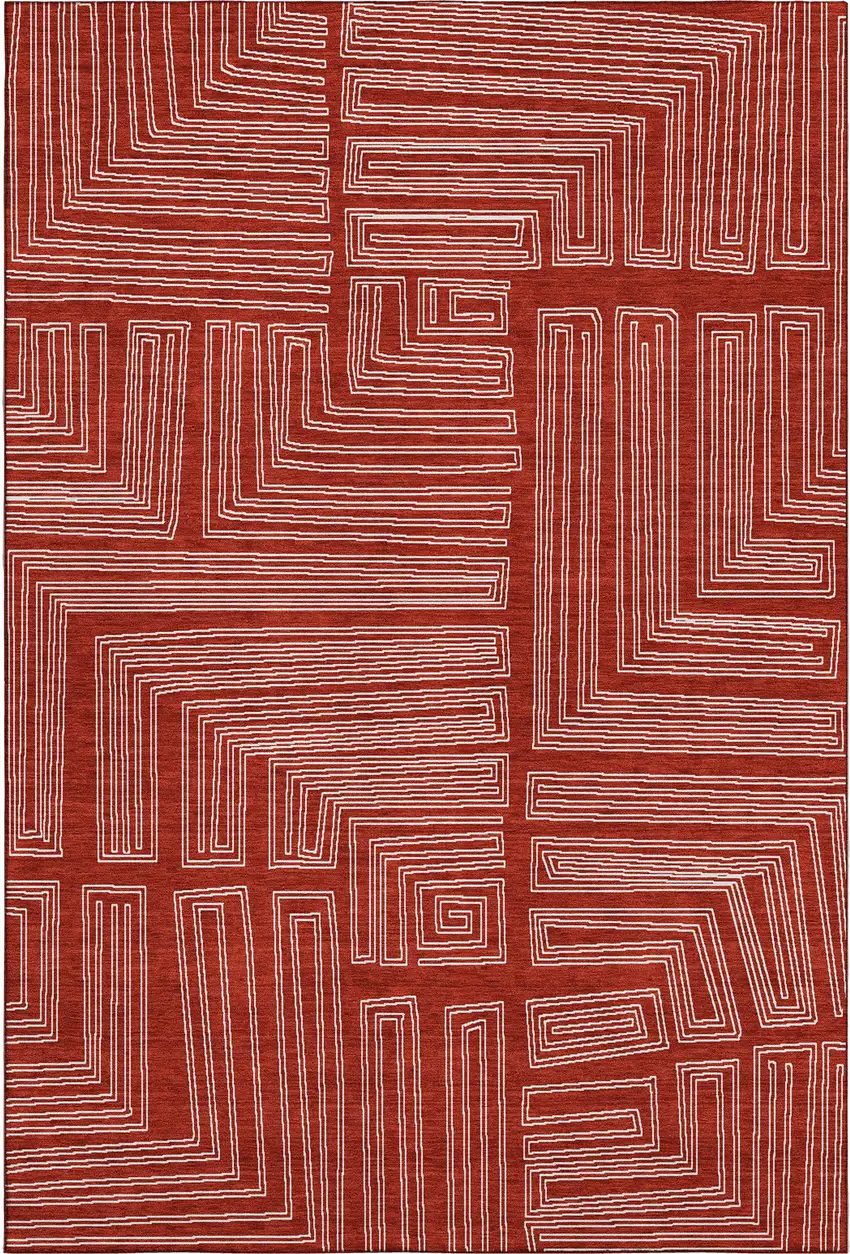 Red And Ivory Geometric Washable Area Rug With UV Protection Photo 1