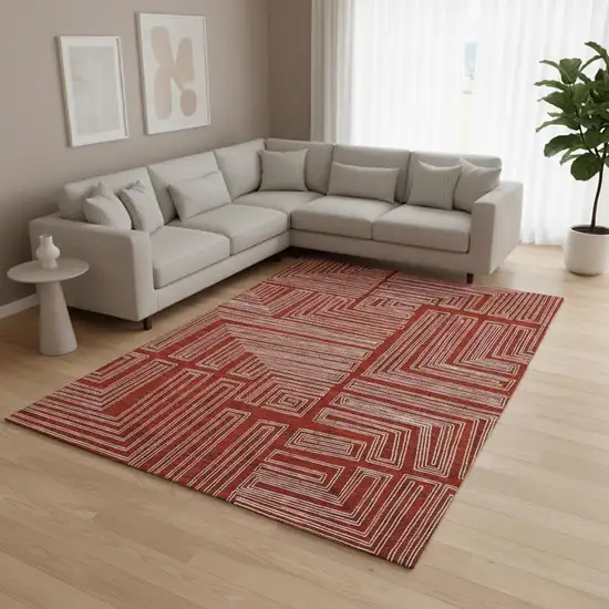 Red And Ivory Geometric Washable Area Rug With UV Protection Photo 2