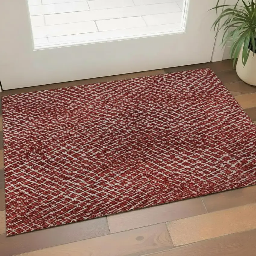 Red And Ivory Geometric Washable Area Rug With UV Protection Photo 2