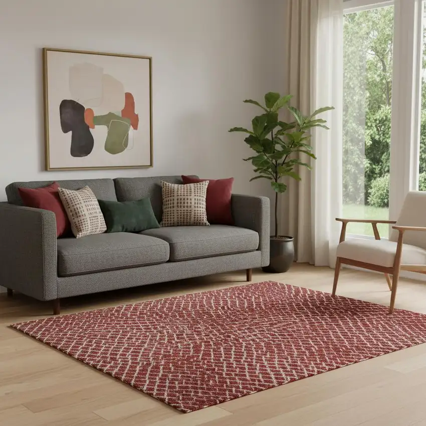 Red And Ivory Geometric Washable Area Rug With UV Protection Photo 2