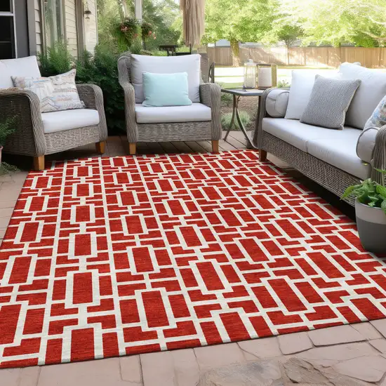 Red And Ivory Geometric Washable Indoor Outdoor Area Rug Photo 9