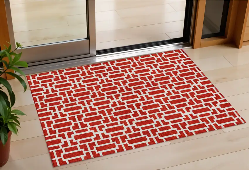 Red And Ivory Geometric Washable Indoor Outdoor Area Rug Photo 1
