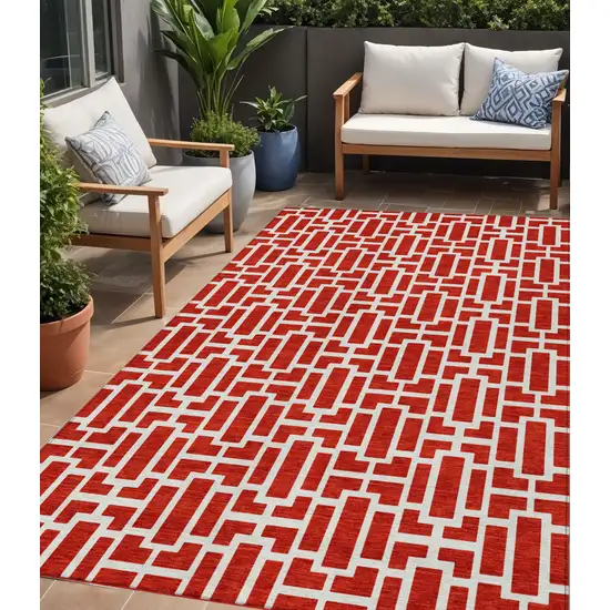 Red And Ivory Geometric Washable Indoor Outdoor Area Rug Photo 1