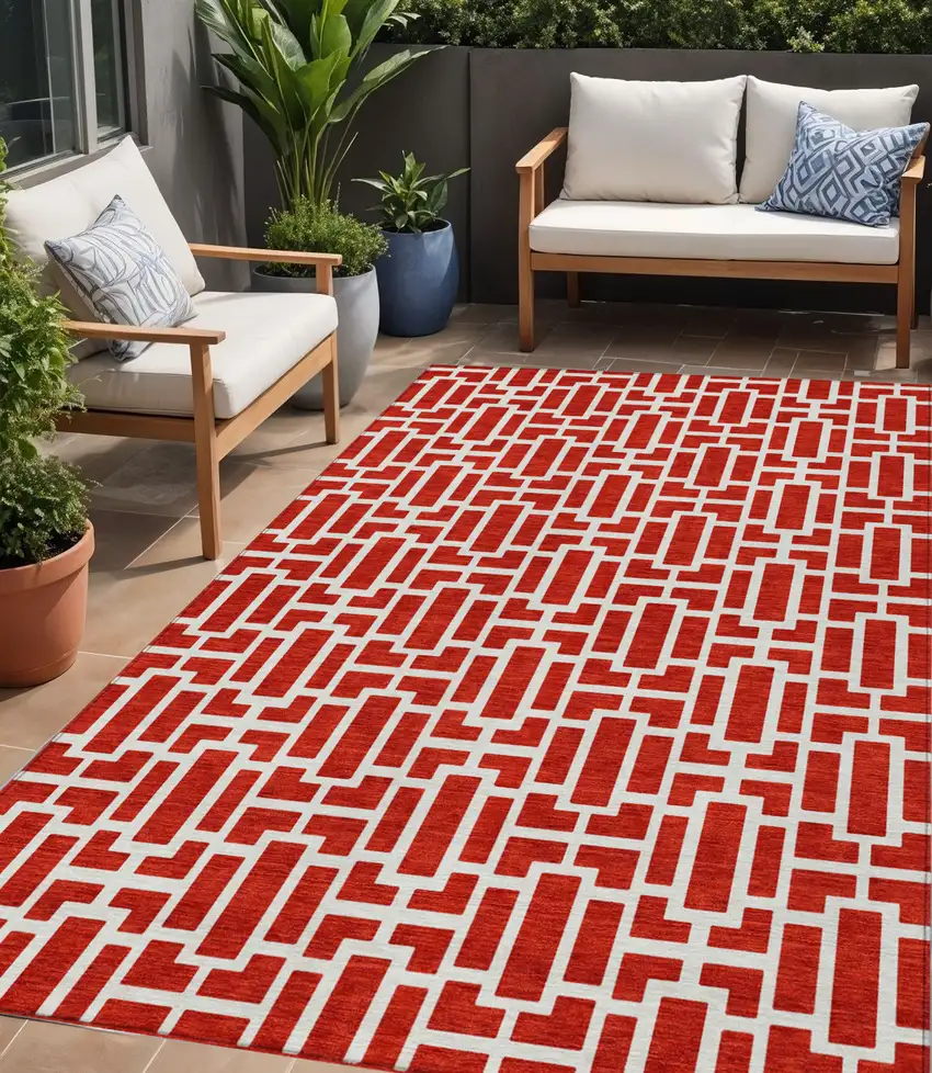 Red And Ivory Geometric Washable Indoor Outdoor Area Rug Photo 1