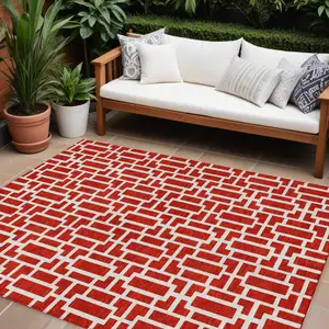 Photo of Red And Ivory Geometric Washable Indoor Outdoor Area Rug