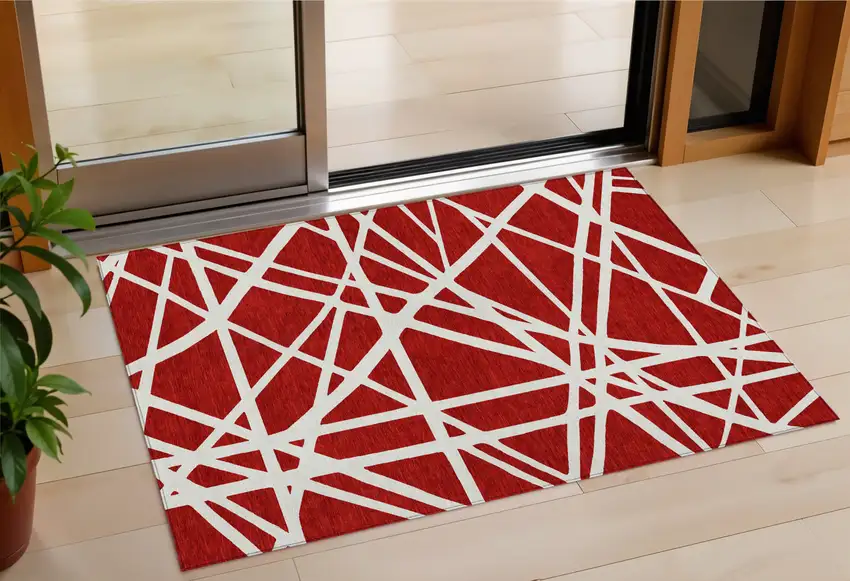 Red And Ivory Geometric Washable Indoor Outdoor Area Rug Photo 1