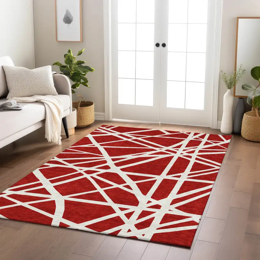 Red And Ivory Geometric Washable Indoor Outdoor Area Rug Photo 9
