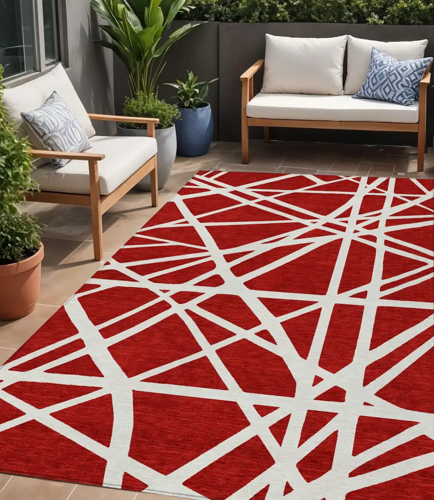 Red And Ivory Geometric Washable Indoor Outdoor Area Rug Photo 1