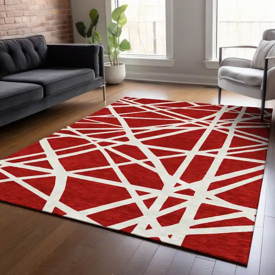 Red And Ivory Geometric Washable Indoor Outdoor Area Rug Photo 9