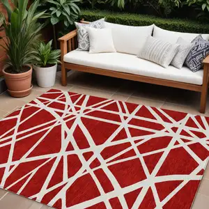 Photo of Red And Ivory Geometric Washable Indoor Outdoor Area Rug