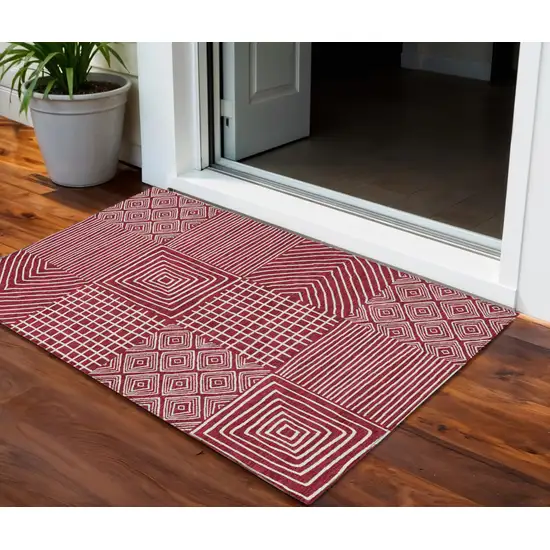Red And Ivory Geometric Washable Indoor Outdoor Area Rug Photo 1
