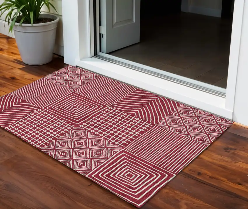 Red And Ivory Geometric Washable Indoor Outdoor Area Rug Photo 1