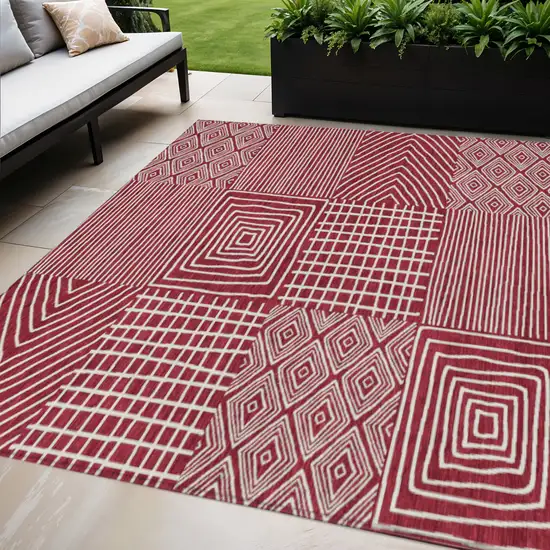 Red And Ivory Geometric Washable Indoor Outdoor Area Rug Photo 1