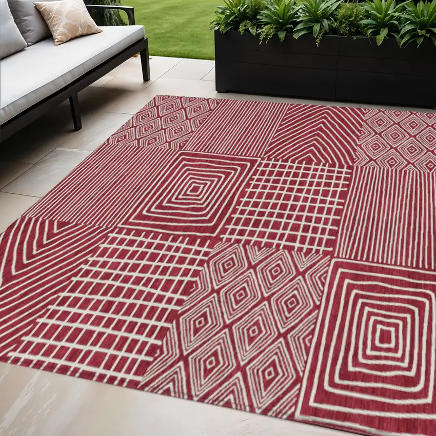 Red And Ivory Geometric Washable Indoor Outdoor Area Rug Photo 1