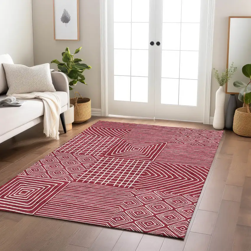Red And Ivory Geometric Washable Indoor Outdoor Area Rug Photo 9