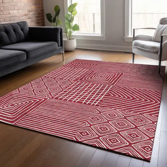 Red And Ivory Geometric Washable Indoor Outdoor Area Rug Photo 9