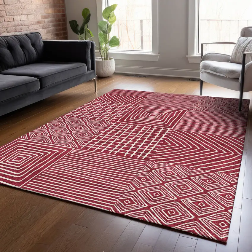 Red And Ivory Geometric Washable Indoor Outdoor Area Rug Photo 9
