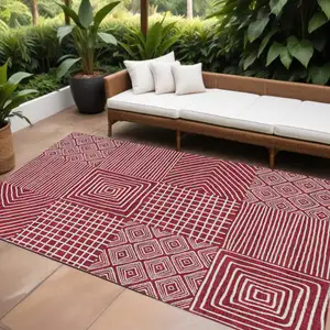 Photo of Red And Ivory Geometric Washable Indoor Outdoor Area Rug
