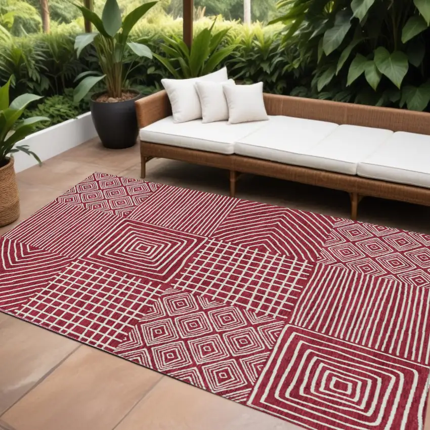Red And Ivory Geometric Washable Indoor Outdoor Area Rug Photo 1